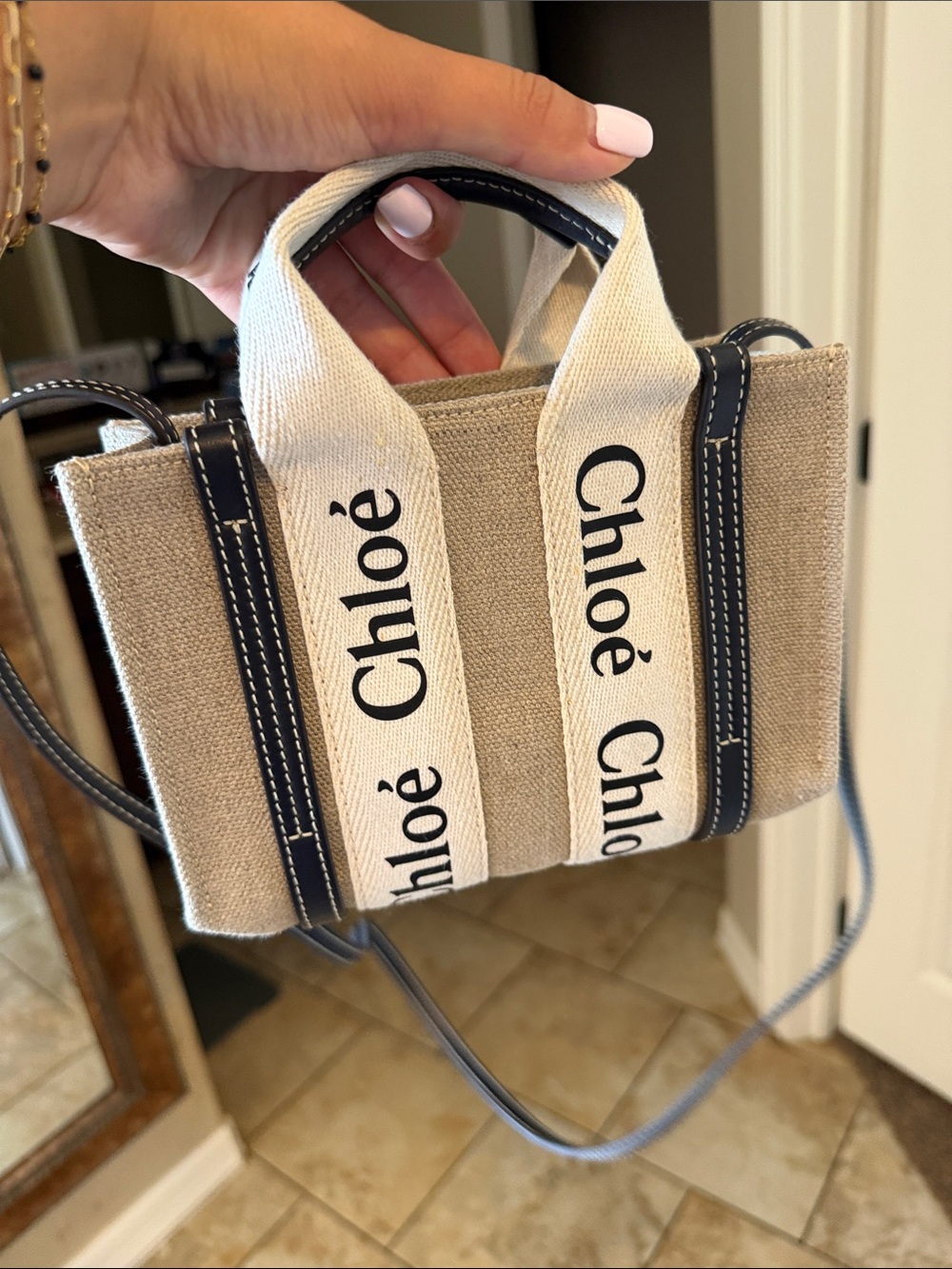 Chloe MINI Canvas Tote Bag in Beige with Navy Trim. Perfect condition!